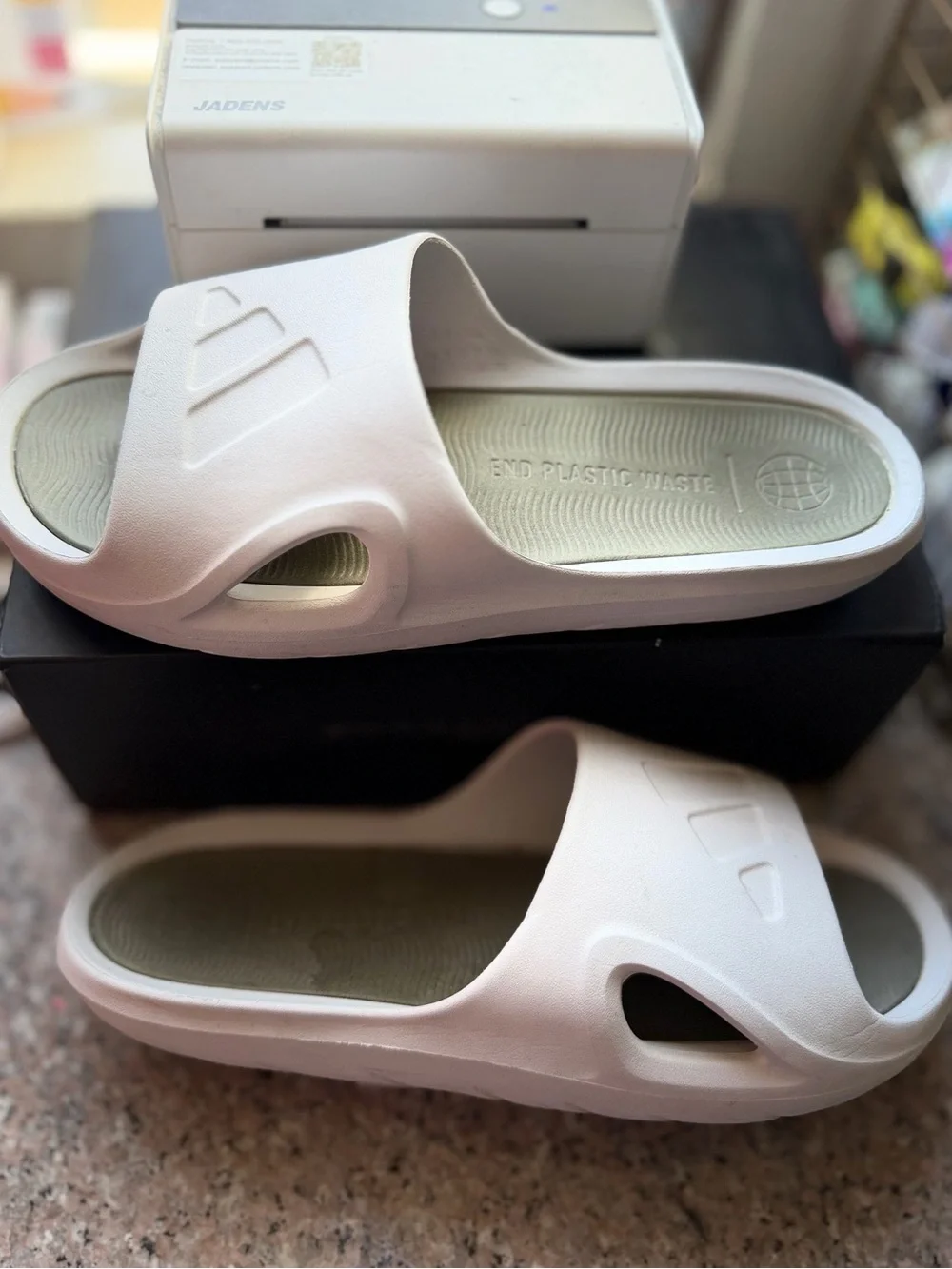 adidas White Slip-On Slide Sandals with Green Footbed